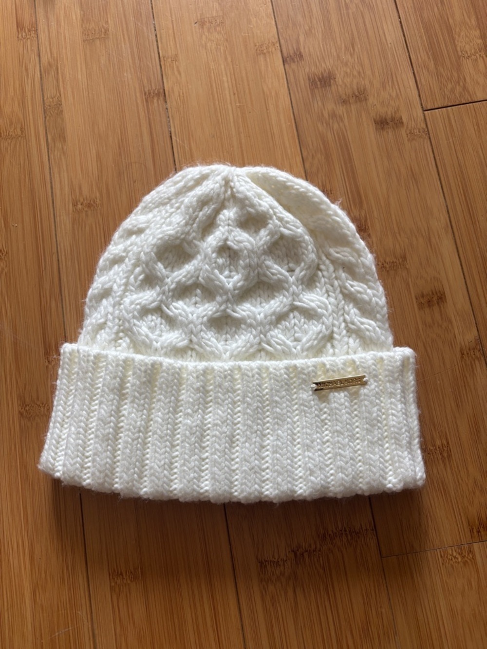 Michael Kors Cream Cable-Knit Beanie with Gold Logo Plaque
